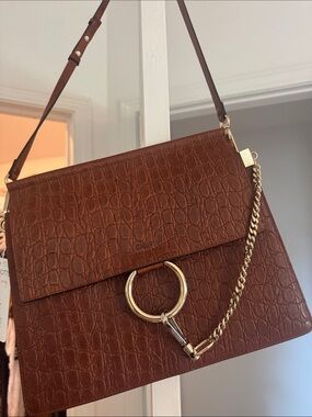 Chloe Croc-Embossed Brown leather Crossbody Bag with Gold Ring Accent. New